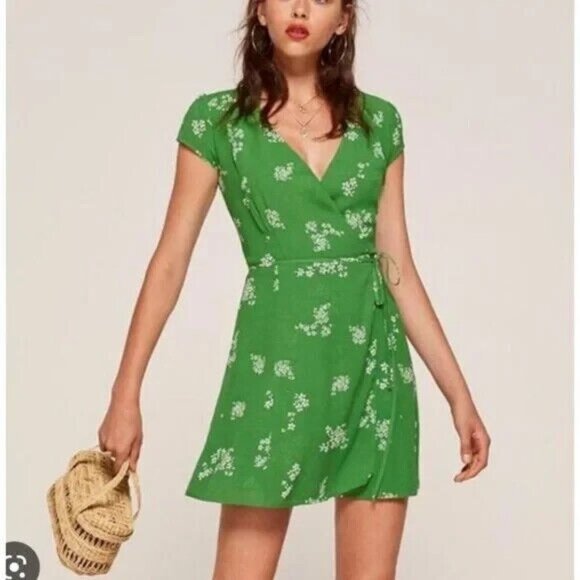 Reformation Dress XS Extra Small Oyster Green Floral Wrap Lola Summer - Picture 1 of 9